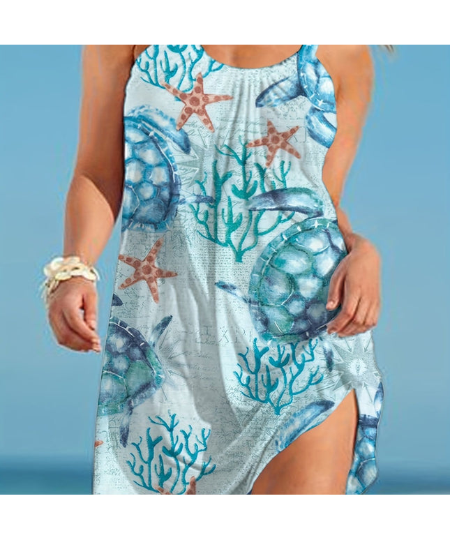 KissICON Dresses Light Blue / UK 16 Sexy Sea Turtle Print Sling Dress for Plus Size Women