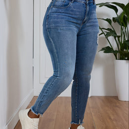 jkthpu-45 Light Blue / UK 16 Women's High-Stretch Skinny Jeans with Distressed Knee Slit
