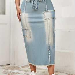 jkthpu-45 Light Blue / UK 16 Women's High-Waisted Skinny Jeans skirt - Stretchy Non-See-Through Fabric, Plus Size Friendly, All-Season Casual to Formal Outfits with Tie-Up Front Closure for Everyday & Special Events, Versatile Styling, Raw Edge Detailing, Durable Construction, Fashio