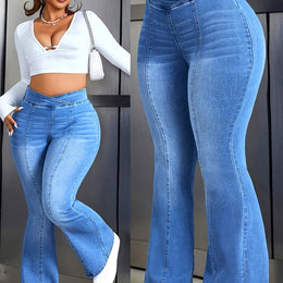 jkthpu-45 Light Blue / UK 16 Women'S Plus Size High-Waisted Stretchy Flare Jeans -