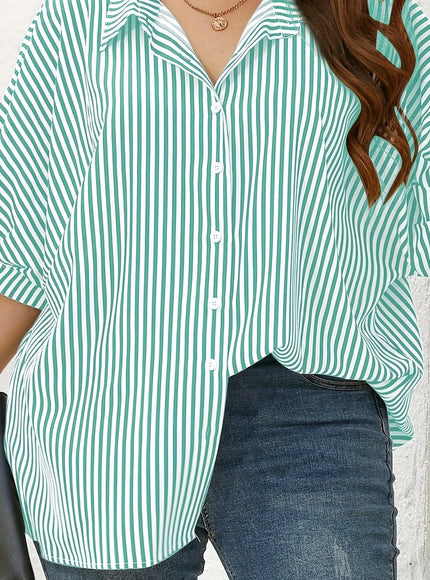 KissICON Light Blue / UK 16 Women'S Plus Size Striped Shirt - Yellow & White, Short Sleeve, Button-Up Collar, Casual Summer Style, Comfortable Polyester Fabric, Casual Summer Wear | Striped Buttonup | Glossy Texture