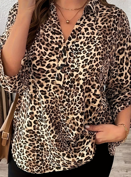 KissICON Light Brown-1 / UK 16 Plus Size - Plus Size - Women'S Plus-Size Trendy Leopard Print V-Neck Top, a Must-Have Fashion Item Featuring Popular Leopard Print with 3/4 Sleeves., This Classic Round Neck Blouse Features Short Rolled Sleeves with a Flared