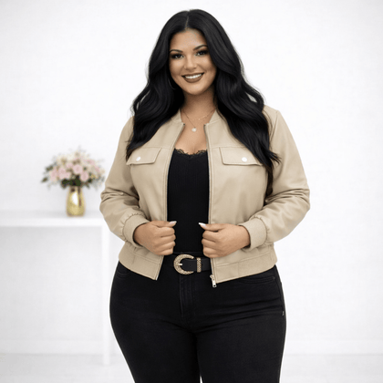 KissICON Outerwear Light Brown-1 / UK 16 / US 12 Chic Plus Size Faux Leather Bomber Jacket for Fall