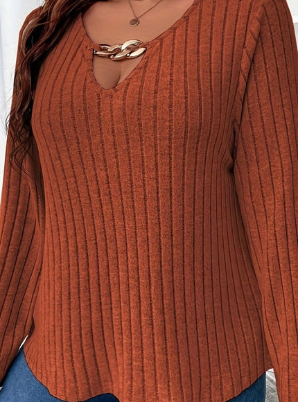 jkthpu-45 Light Brown-1 / UK 18 [Chain Details] Elegant V-Neck Knit Pullover | Polyester