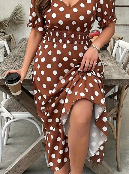 jkthpu-45 Light Brown-1 / UK 18 Elegant Polka Dot Dress for Women - V-Neck, Short Sleeve, Midi Length with Shirred Waist, Non-Stretch Fabric, Perfect for All Seasons, Polka Dot Dress