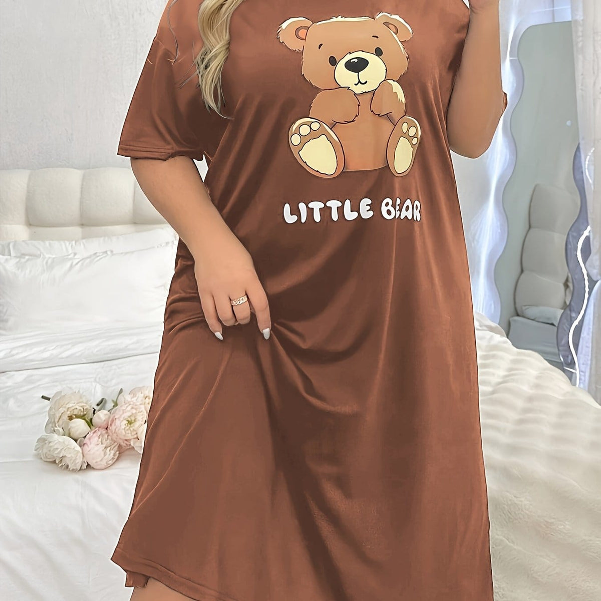 jkthpu-45 Light Brown-1 / UK 18 Women's Plus Cute Sleep Dress, Plus Size Cartoon Bear & Letter Print Short Sleeve Crew Neck Nightdress