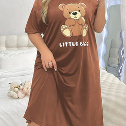 jkthpu-45 Light Brown-1 / UK 18 Women's Plus Cute Sleep Dress, Plus Size Cartoon Bear & Letter Print Short Sleeve Crew Neck Nightdress