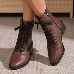 jkthpu-45 Light Brown-1 / UK 3 Chic MidHeel Combat Boots Velvet Lined LaceUp Side Zip