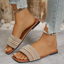 KissICON Light brown / 39 Women's Flat Bottom Sandals 2025 Summer New Style Beaded Rhinestone Shoes Womens Outdoor Fashion Slippers