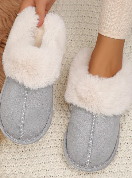 KissICON Light gray / 38-39(fit 36-37) Closed Toe Warm Cotton Slippers Women Faux Fur