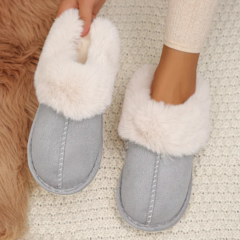 KissICON Light gray / 38-39(fit 36-37) Closed Toe Warm Cotton Slippers Women Faux Fur