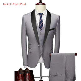 KissICON Light Gray 3pcs Set / M Mens Black Lapel Suit Coat Vest Trousers for Formal Events
