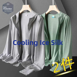 KissICON Light gray + bean green (two pieces) / 4xl recommended 77.5-85kg Mens Summer Ice Silk UV Fishing Jacket Lightweight Breathable Trendy