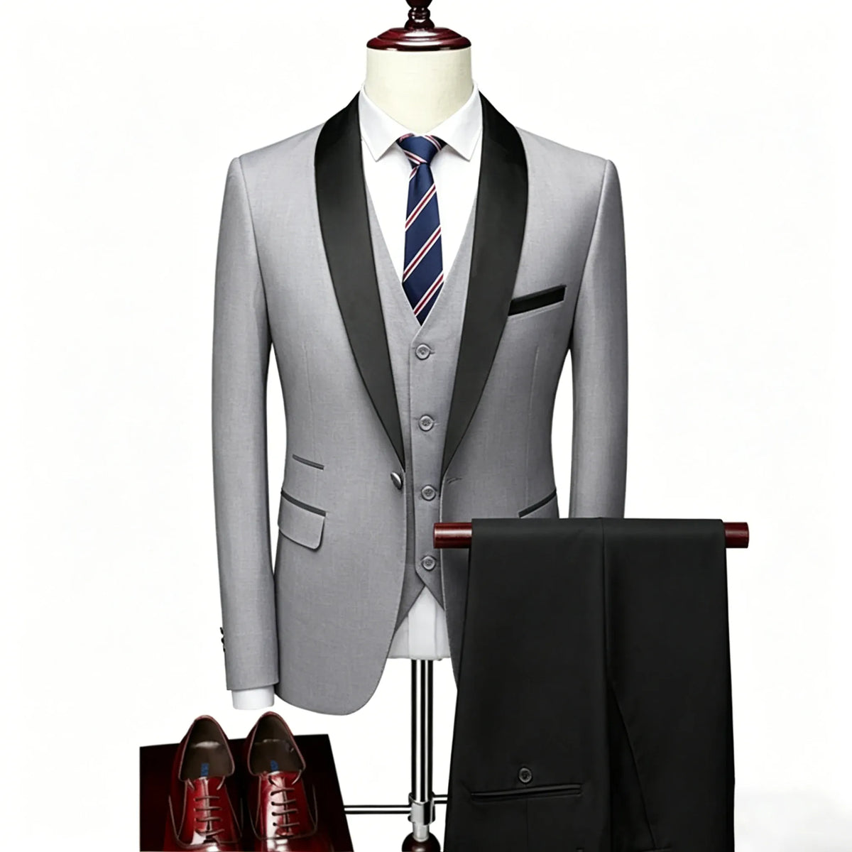 KissICON Light Gray Black / XXS Mens Beige Tuxedo Suit Jacket Vest Pants Set
