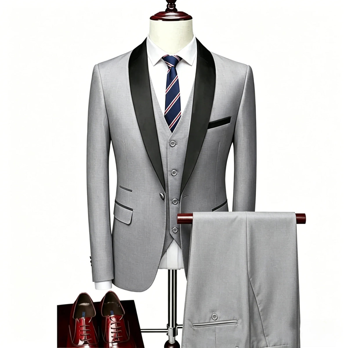 KissICON Light Gray / S Mens Beige Tuxedo Suit Jacket Vest Pants Set
