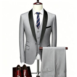 KissICON Light Gray / S Mens Beige Tuxedo Suit Jacket Vest Pants Set