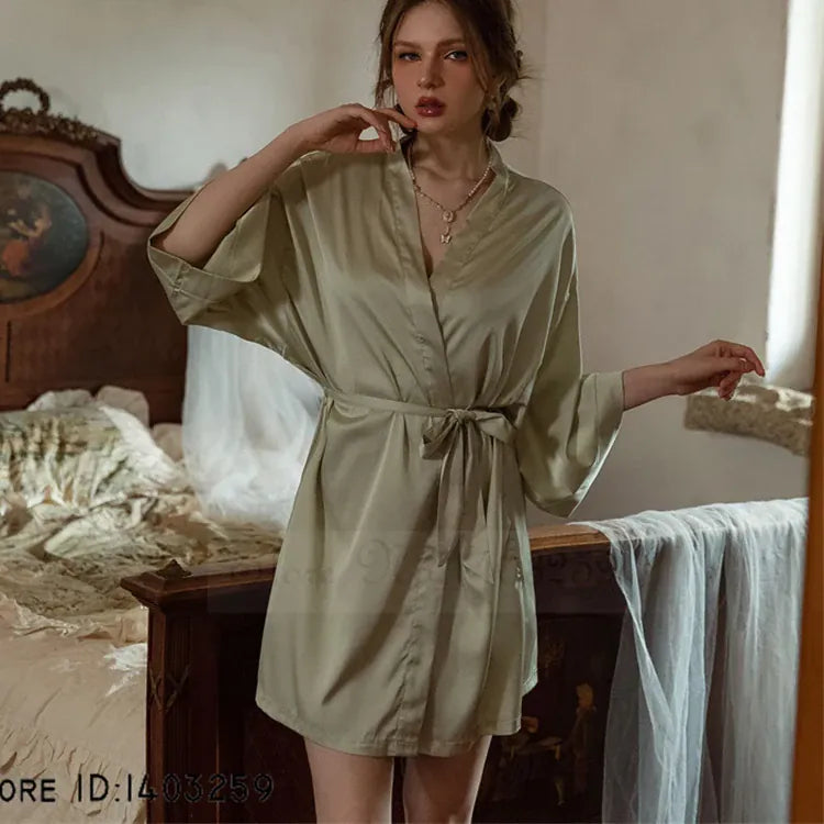 KissICON Light Green B / XXS Plus Size Sexy Women Robe Sleepwear Silky Satin