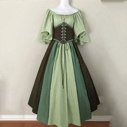 KissICON light Green / L Halloween Costumes for Women Medieval Retro Contrasting Color Slim Swing Dress One-word Shoulder Dress Love Live Cosplay