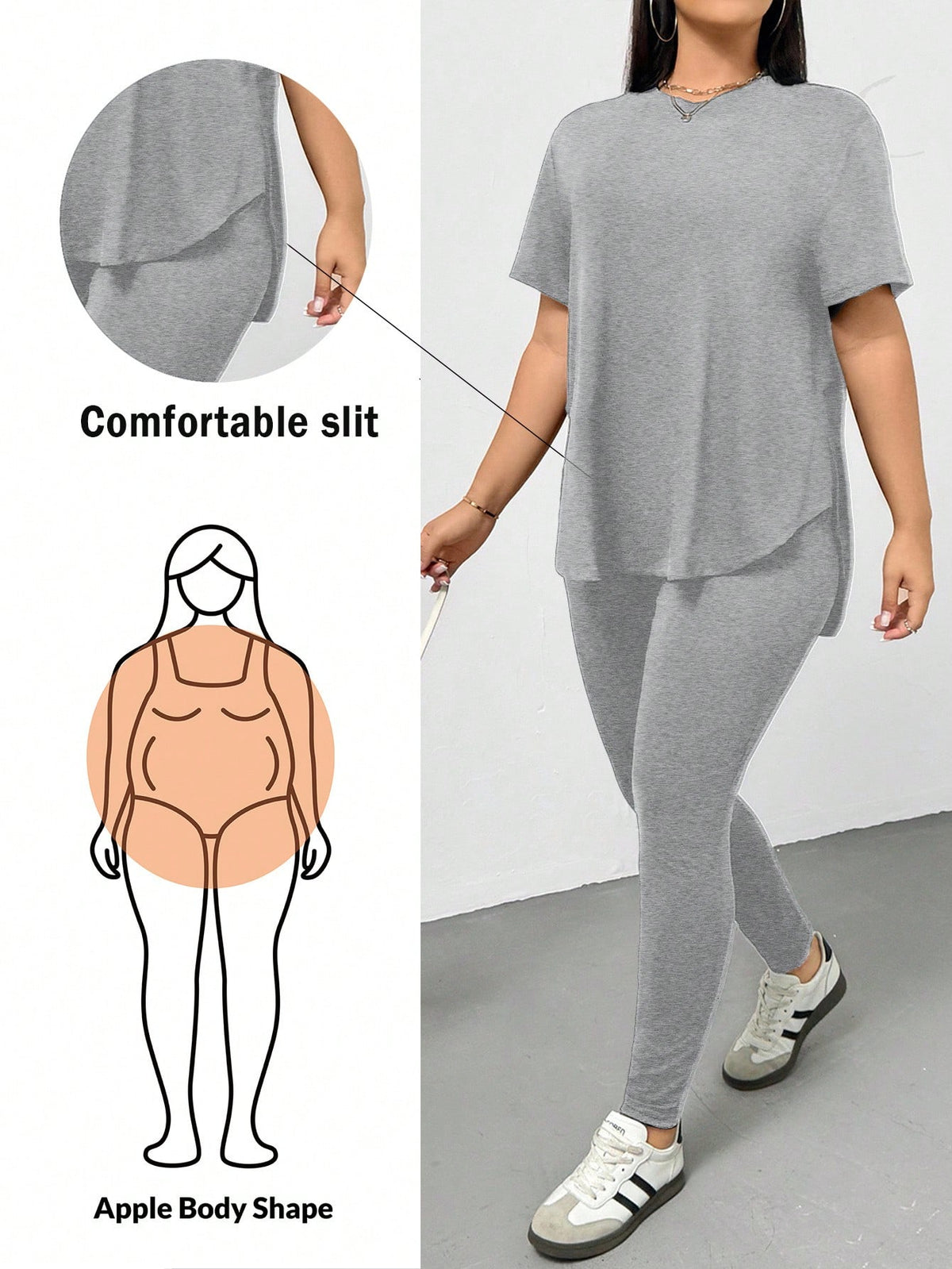 CURVE Light Grey / 0XL Casual Sports Short-Sleeved T-Shirt And Leggings Two Pieces Set