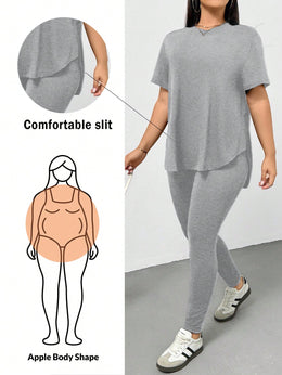 CURVE Light Grey / 0XL Casual Sports Short-Sleeved T-Shirt And Leggings Two Pieces Set