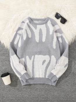 KissICON Light Grey / L Trendy Irregular Jacquard ColorBlock Mens Pullover Sweater
