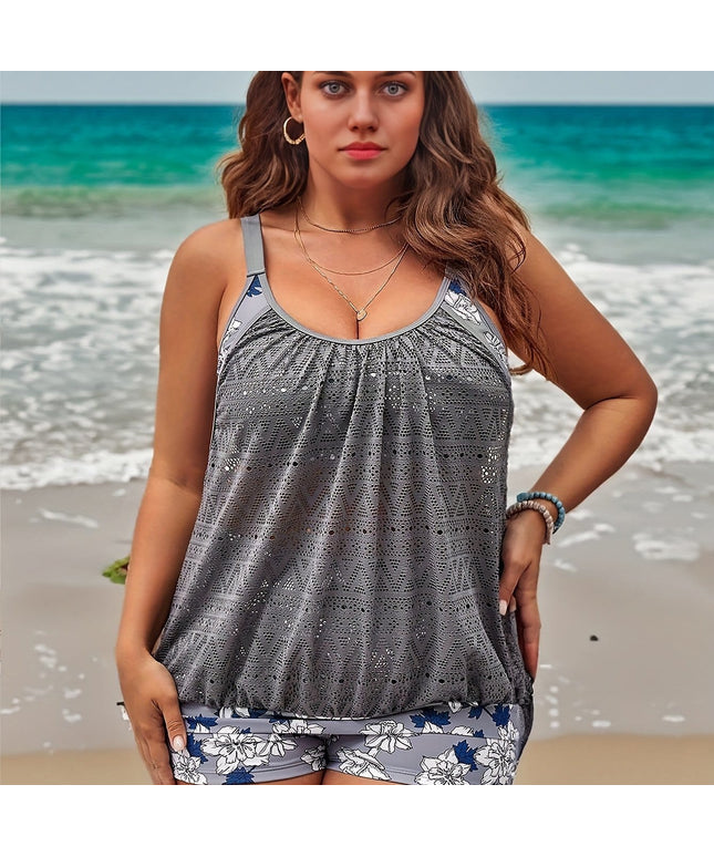 KissICON Light Grey / UK 16 Curve Gray Jacquard Leaf Print Tankini