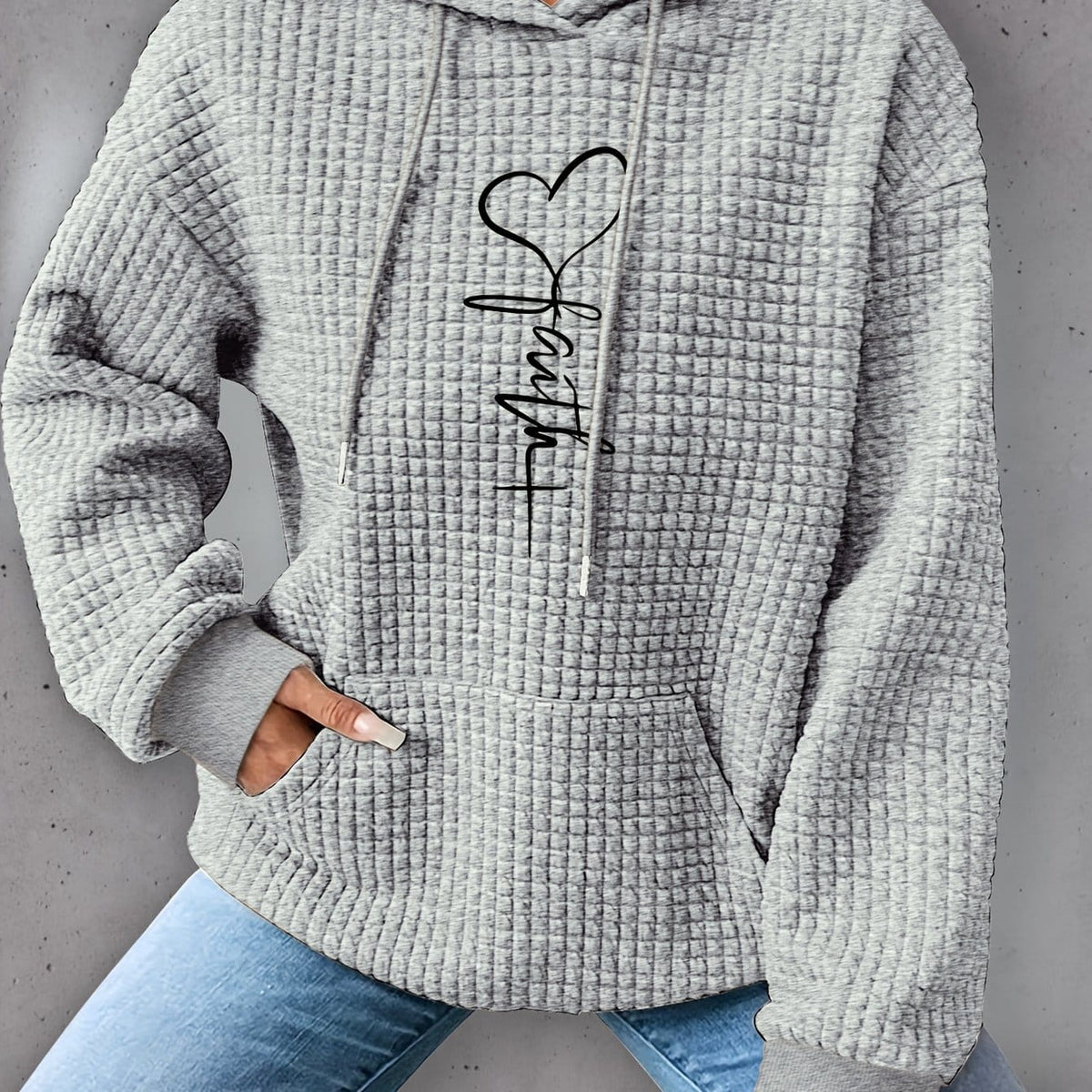jkthpu-45 Light Grey / UK 16 Plus Size Heart Print Hoodie, Casual Long Sleeve