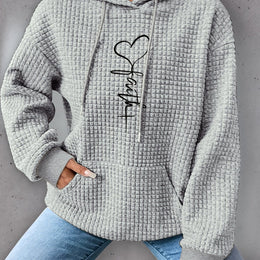 jkthpu-45 Light Grey / UK 16 Plus Size Heart Print Hoodie, Casual Long Sleeve