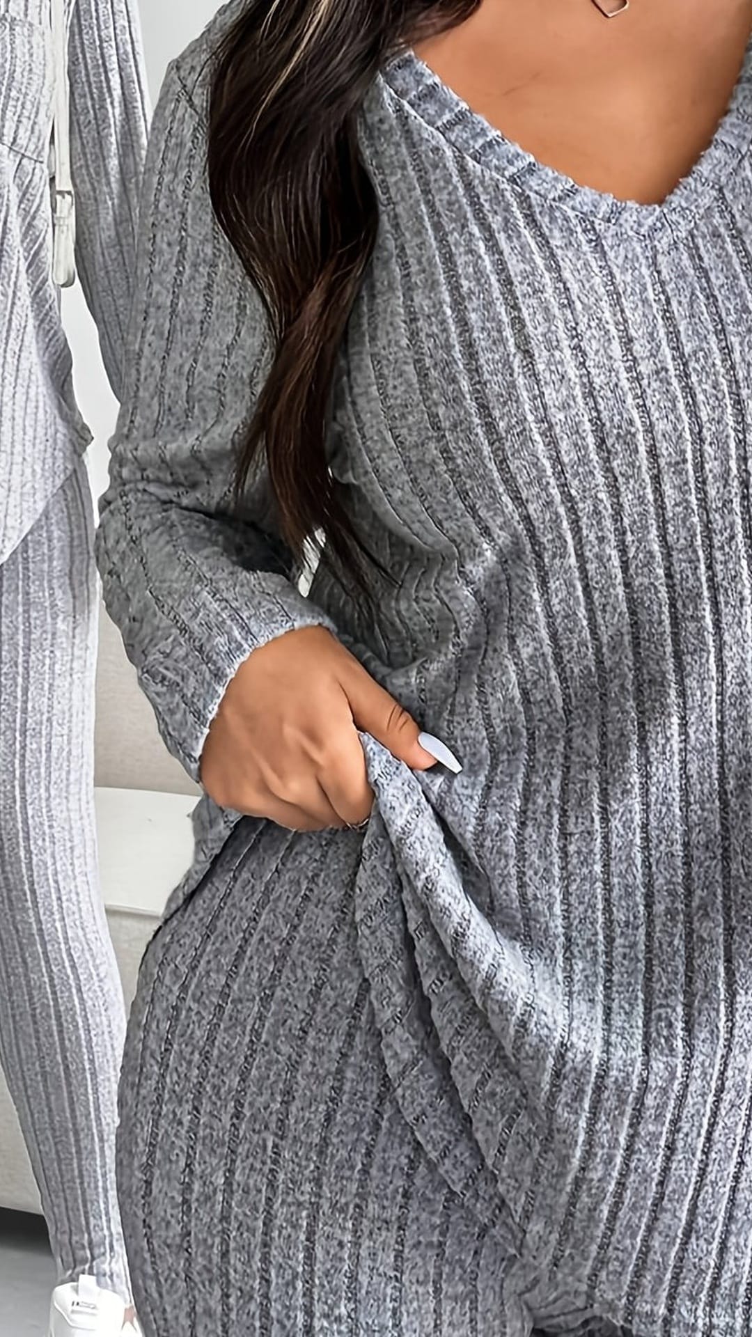 jkthpu-45 Light Grey / UK 16 Plus Size Ribbed Color Block VNeck Casual Set