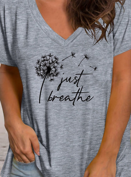 KissICON Light Grey / UK 18 Plus Size Women's V Neck Short Sleeve T-shirt, Dandelion & Slogan Print Slight Stretch Casual