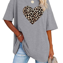 KissICON Light Grey / UK 18 Women's Valentine's Day Leopard Heart Print T-Shirt - Short Sleeve Crew Neck Casual Top, Vibrant Pink, Relaxed Fit, Machine Washable, Plus Size Friendly, All-Season Comfort, Valentine's Day T-shirts, Trendy Casualwear, Durabl