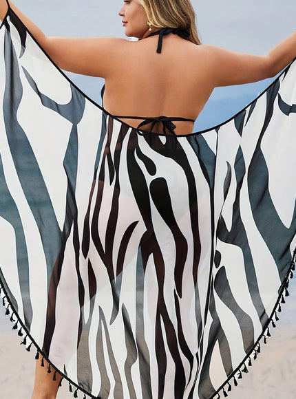 KissICON Light White+Black Color / UK 16 Chic Fringe Beach Coverup – Flowy Wrap Curve