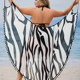 KissICON Light White+Black Color / UK 16 Chic Fringe Beach Coverup – Flowy Wrap Curve