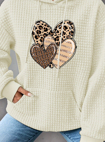 jkthpu-45 Light Yellow / UK 16 Plus Size Heart Print Waffle Hoodie, Casual Long