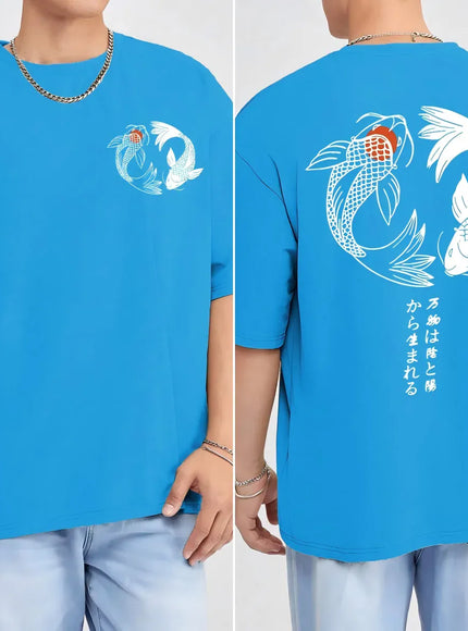 KissICON LightBlue / L Harajuku Koi Cotton Tee Summer Style for Men