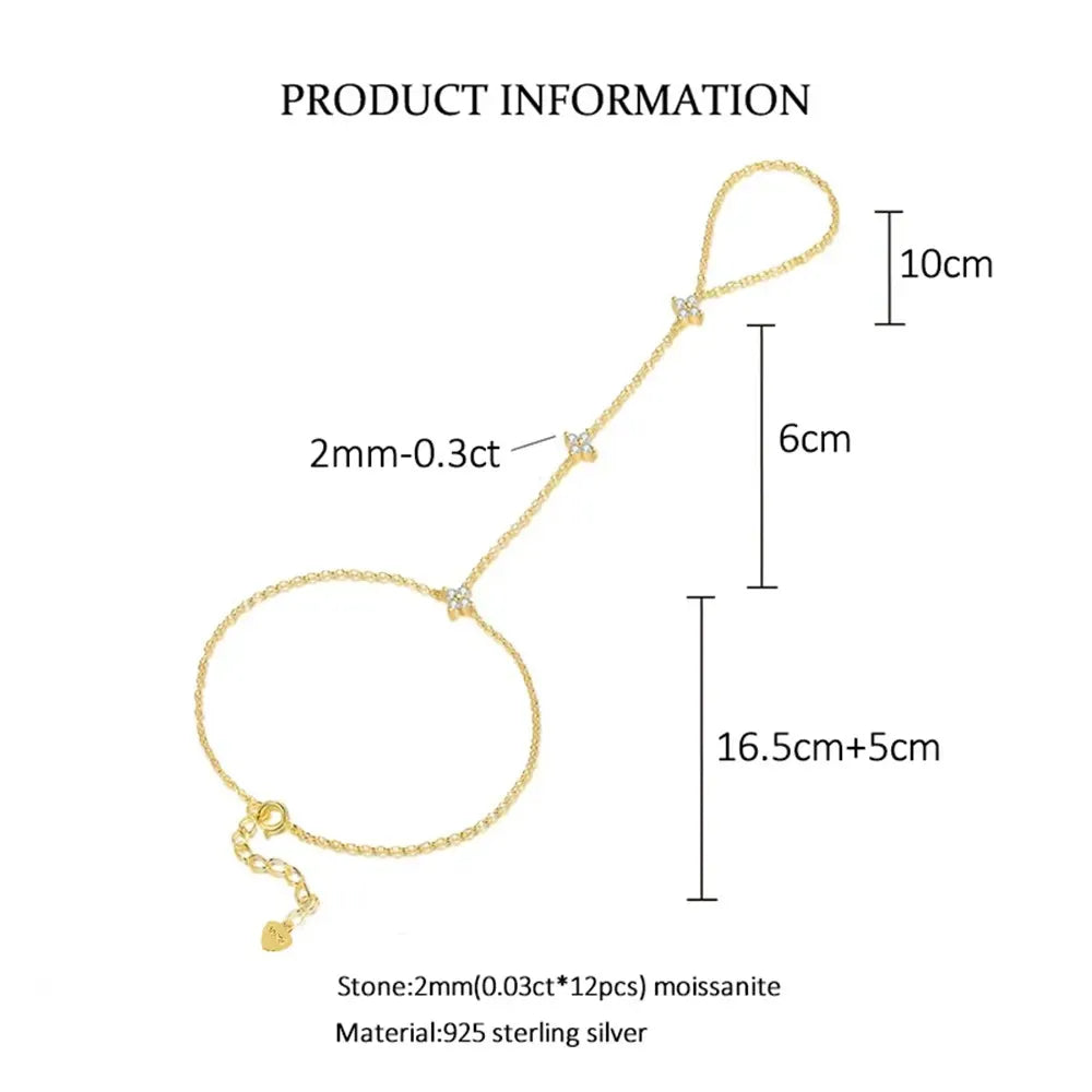 KissICON Lnngy Certified Moissanite Bracelet With Ring 925 Sterling Silver Four Leaf Flower Finger Bracelet For Women Hand Chain Jewelry