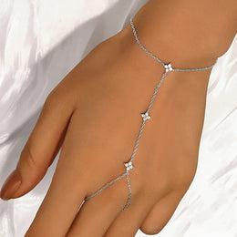 KissICON Lnngy Certified Moissanite Bracelet With Ring 925 Sterling Silver Four Leaf Flower Finger Bracelet For Women Hand Chain Jewelry