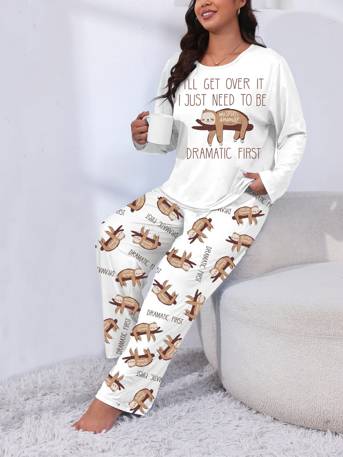 jkthpu-45 Long Sleeve Plus Size Cozy Women's Pajama Set