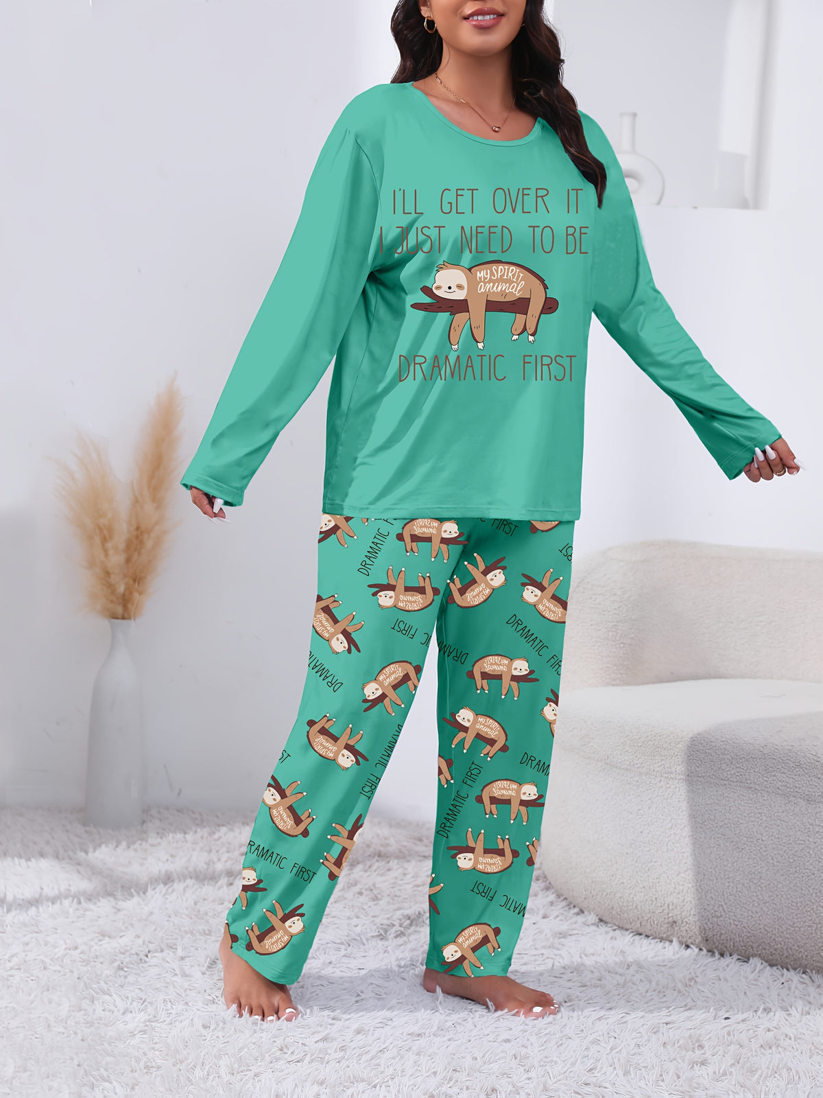 jkthpu-45 Long Sleeve Plus Size Cozy Women's Pajama Set