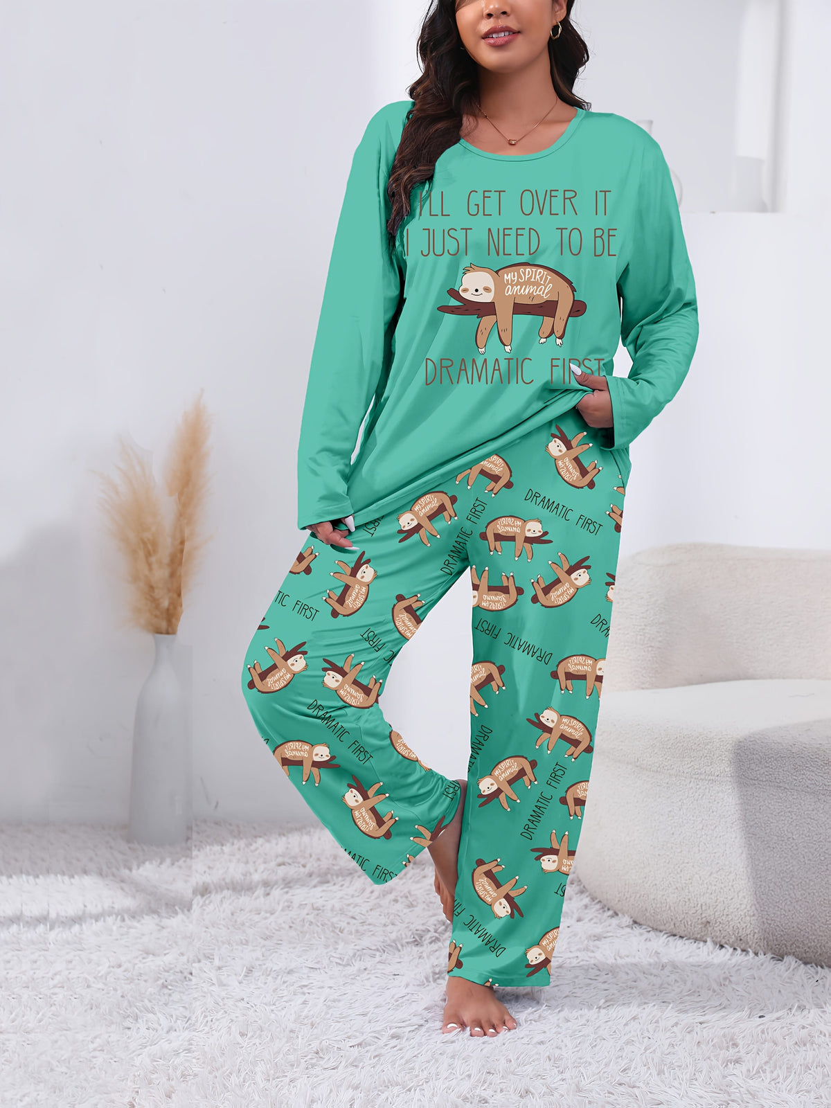 jkthpu-45 Long Sleeve Plus Size Cozy Women's Pajama Set