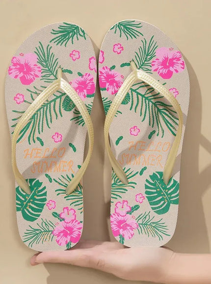 KissICON Lovely Flip Flop Tropical Leaves Hibiscus Leisure Beach