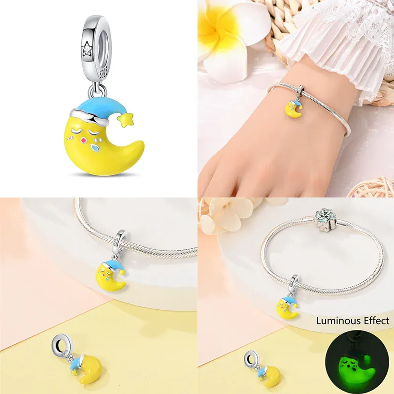 KissICON Luminous 925 Sterling Silver Hot Selling Stars And Moon Charms Fit 925 Original Bracelets DIY Jewelry Making For Women Gift