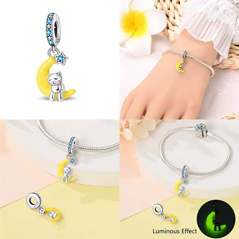 KissICON Luminous 925 Sterling Silver Hot Selling Stars And Moon Charms Fit 925 Original Bracelets DIY Jewelry Making For Women Gift