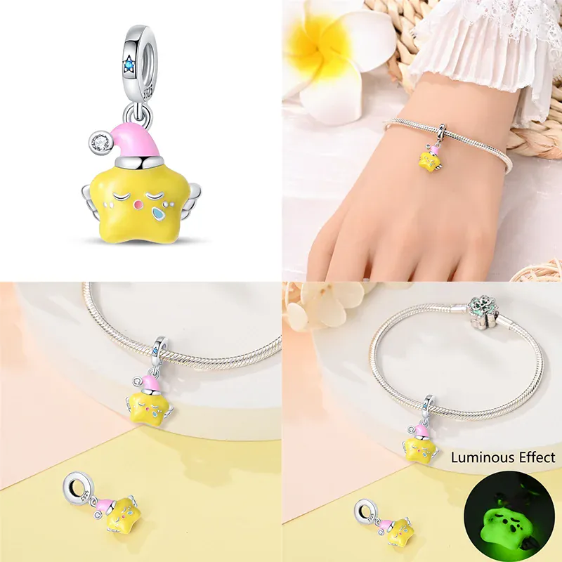 KissICON Luminous 925 Sterling Silver Hot Selling Stars And Moon Charms Fit 925 Original Bracelets DIY Jewelry Making For Women Gift