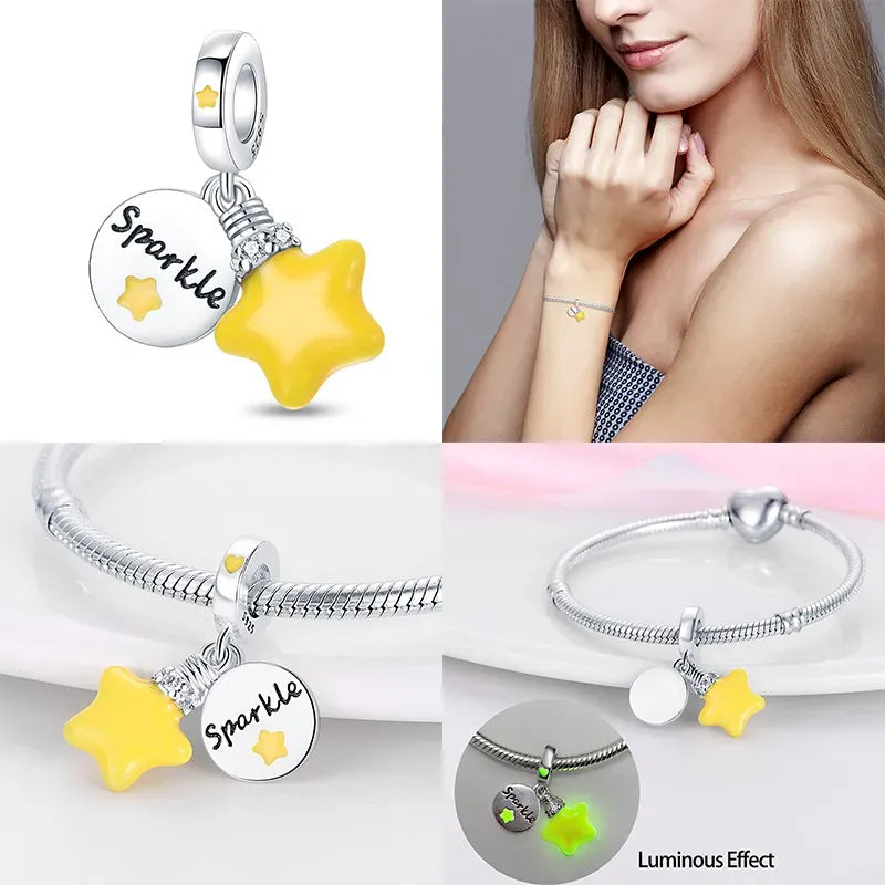 KissICON Luminous 925 Sterling Silver Hot Selling Stars And Moon Charms Fit 925 Original Bracelets DIY Jewelry Making For Women Gift