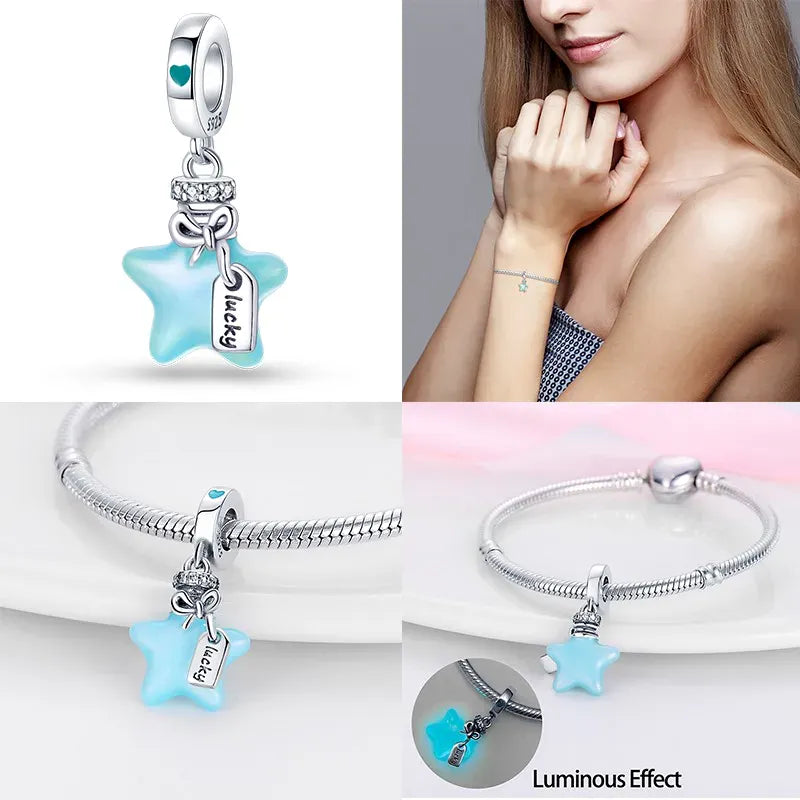 KissICON Luminous 925 Sterling Silver Hot Selling Stars And Moon Charms Fit 925 Original Bracelets DIY Jewelry Making For Women Gift