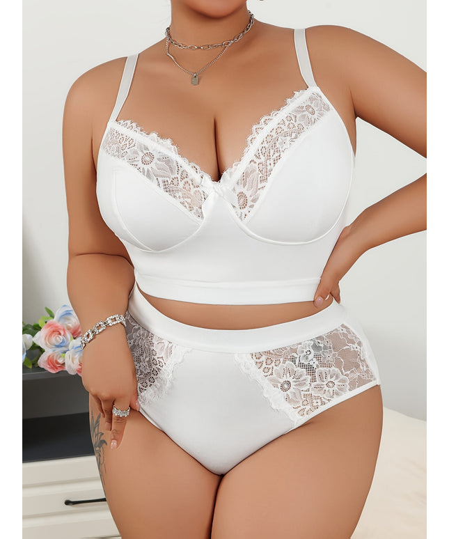 jkthpu-45 Luxe White Lace Plus Size Comfort Everyday Sexy Underwear Set