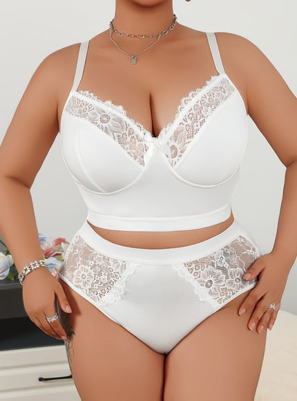 jkthpu-45 Luxe White Lace Plus Size Comfort Everyday Sexy Underwear Set