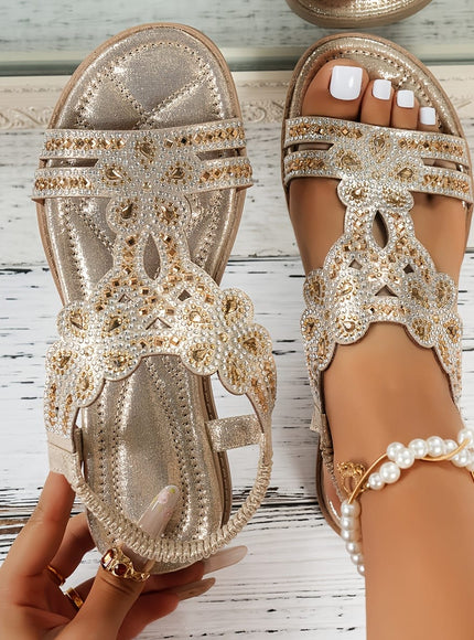 jkthpu-45 Luxurious Gold / UK 5 Bohemian Floral Rhinestone Flat Sandals for Summer Vacations