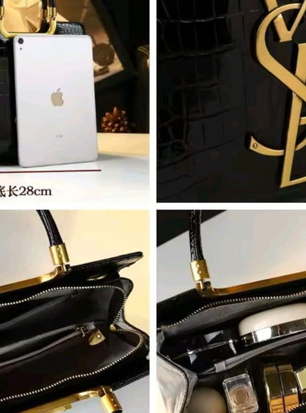 KissICON Luxury Black Croc-Embossed Tote Bag with Gold Monogram Detail